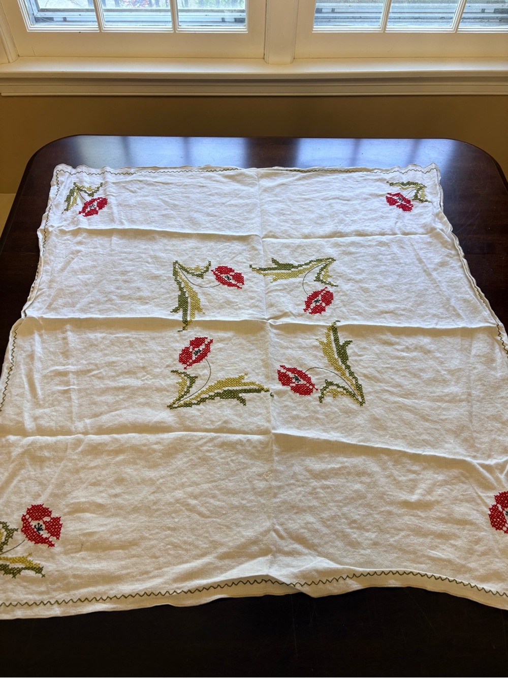 Handmade White Tablecloth with Red Tulip Cross Stitch